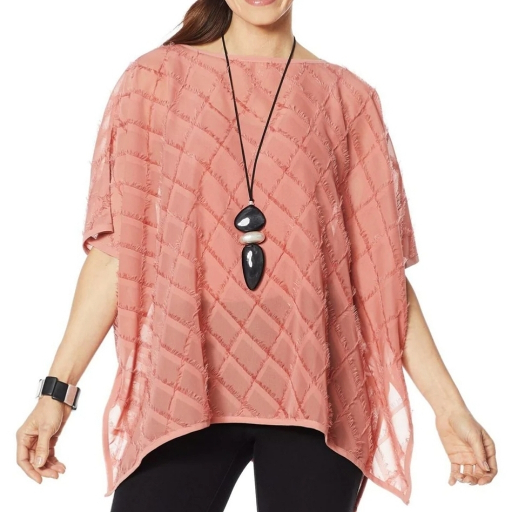 WYNNELAYERS Women's Diamond Jacquard Eyelash Fringed Chiffon Poncho Top-(M)NEW - Picture 8 of 8